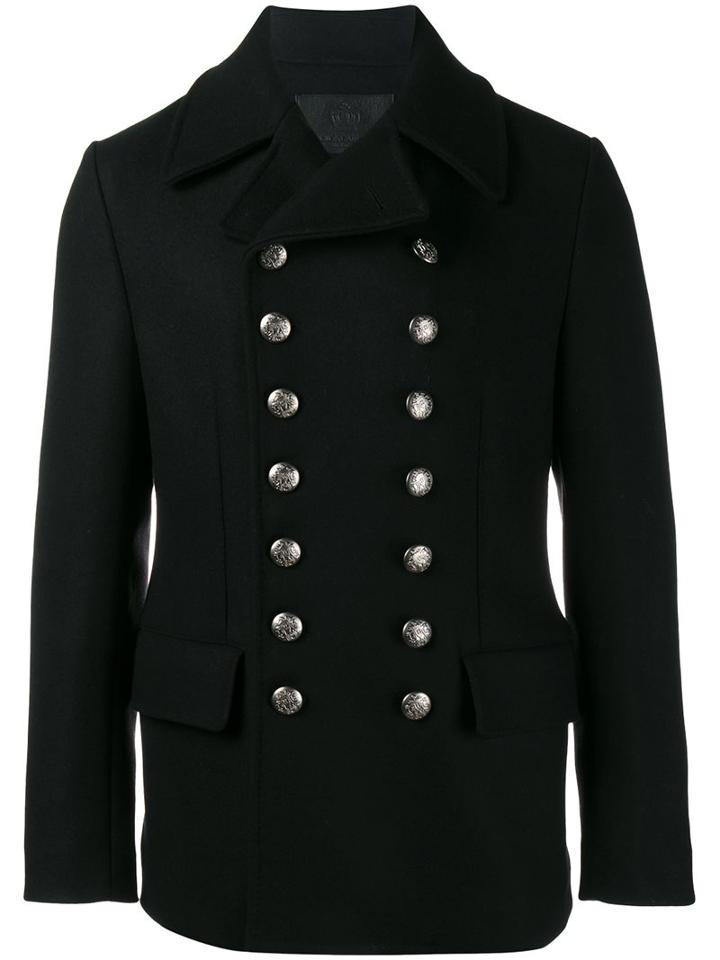 Dolce & Gabbana Double Breasted Coat, Men's, Size: 52, Black, Leather/polyamide/spandex/elastane/wool