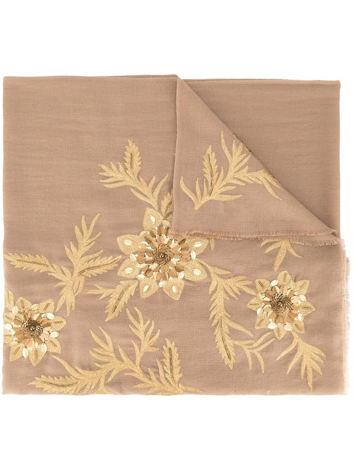 Janavi Floral Embroidered Scarf - Brown