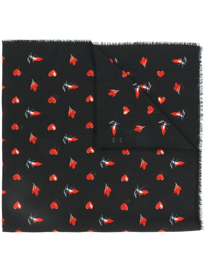 Saint Laurent Red Heart, Lightning Bolt And Flame Print Scarf - Black