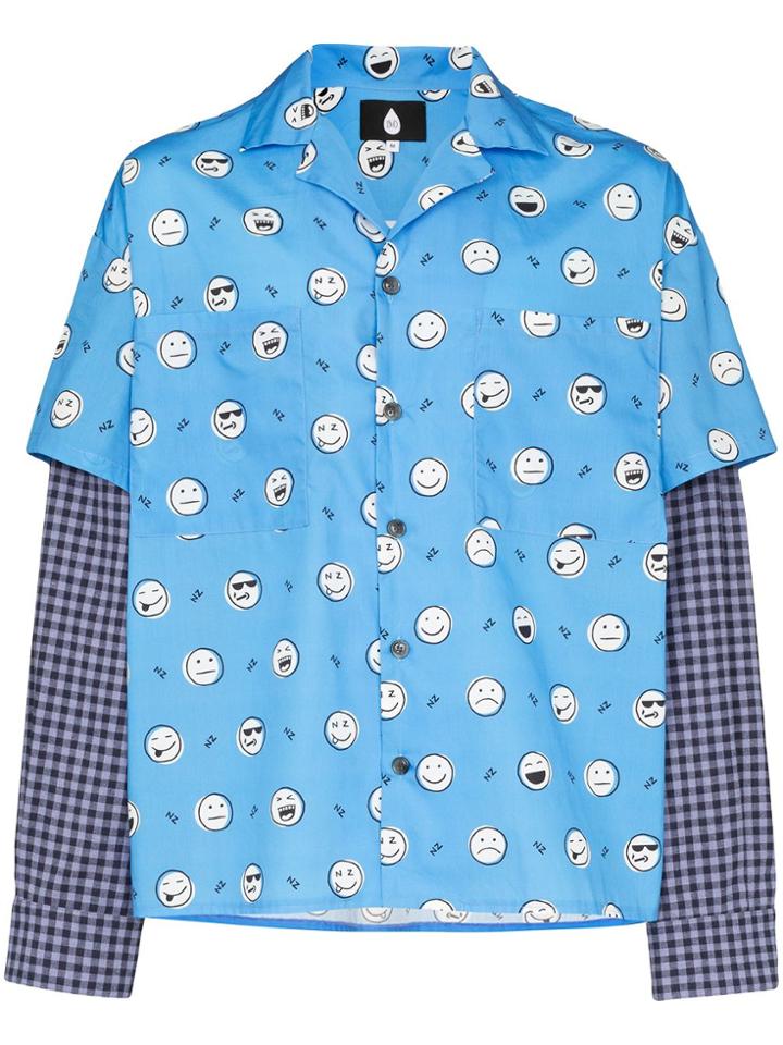 Duo Layered Checked And Smiley Face-print Shirt - Blue