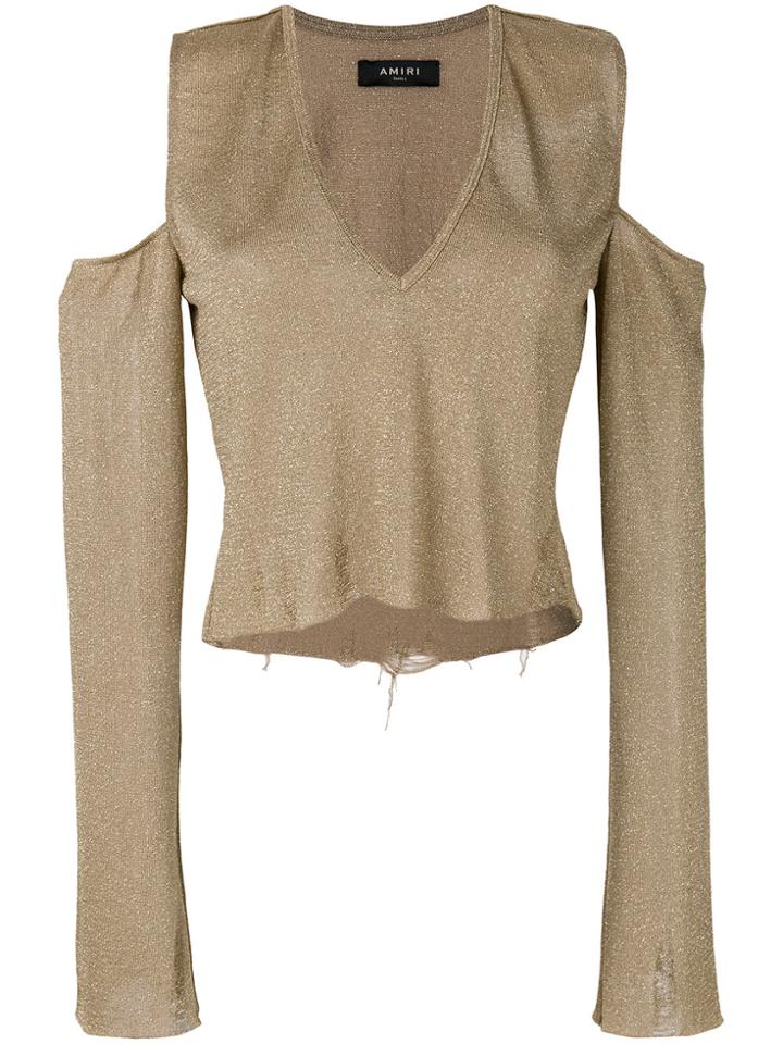 Amiri Cut-out Shoulders Cropped Raw Hem Blouse - Metallic