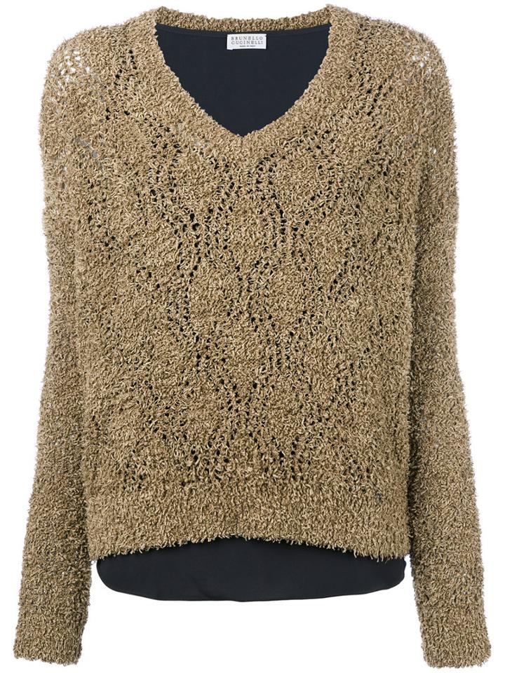 Brunello Cucinelli V-neck Jumper, Women's, Size: Medium, Nude/neutrals, Cotton/polyamide/acetate/silk