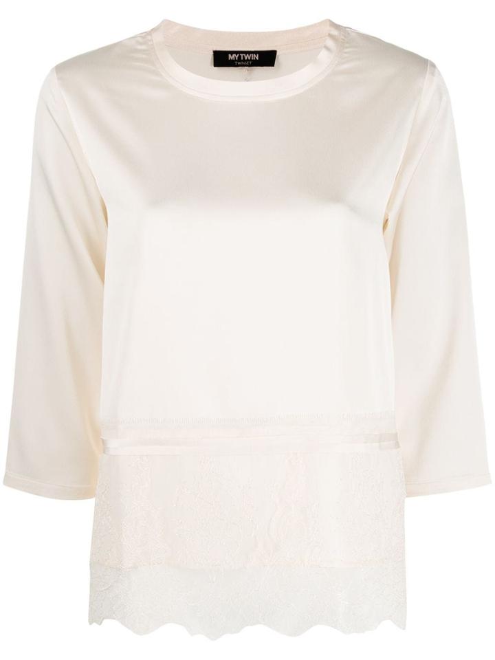 Twin-set Lace Trim Cropped Sleeve Top - Neutrals