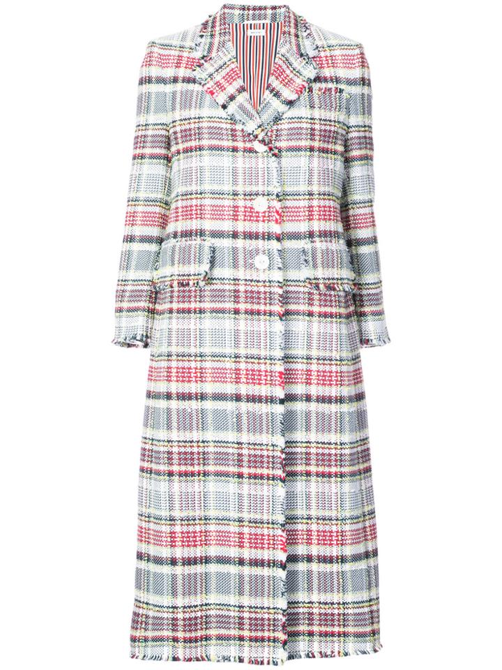 Thom Browne Single Breasted Wide Lapel Overcoat With Fray In Madras
