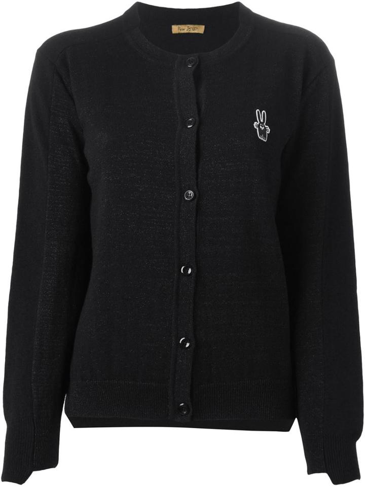 Peter Jensen Embroidered Logo Cardigan, Women's, Size: Small, Black, Lambs Wool/metallized Polyester/polyethylene Furanoate