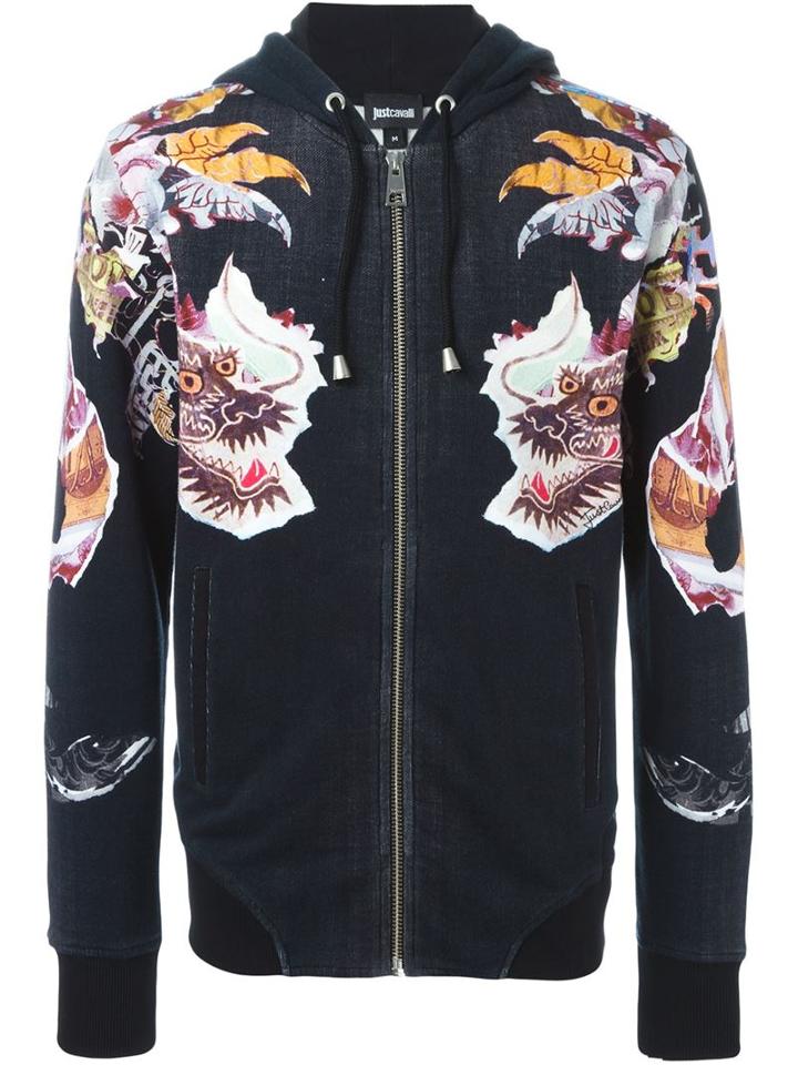 Just Cavalli Chinese Dragon Print Hoodie, Men's, Size: L, Black, Cotton