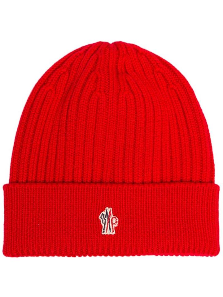 Moncler Grenoble Logo Knit Beanie Hat - Red
