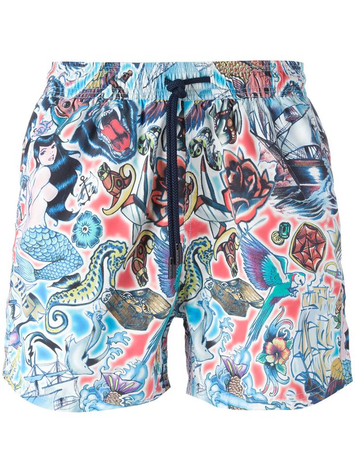 Etro Tattoo Print Swim Shorts, Men's, Size: Small, Blue, Nylon