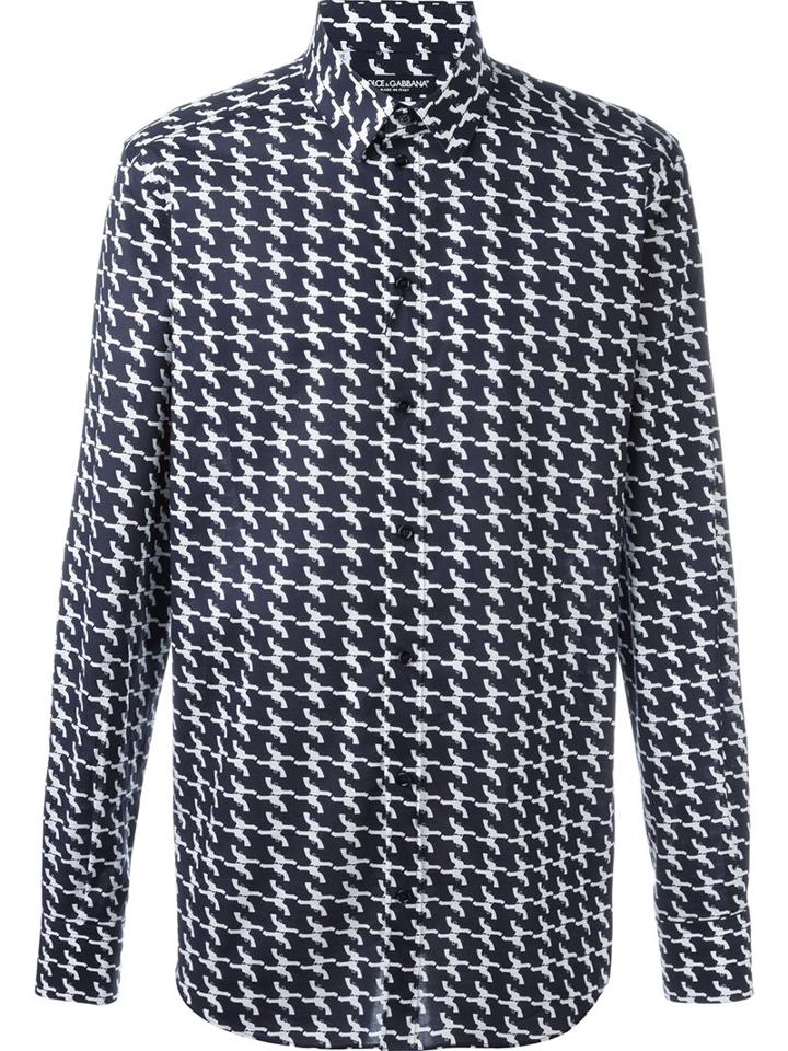 Dolce & Gabbana Gun Print Shirt, Men's, Size: 41, Blue, Cotton/spandex/elastane