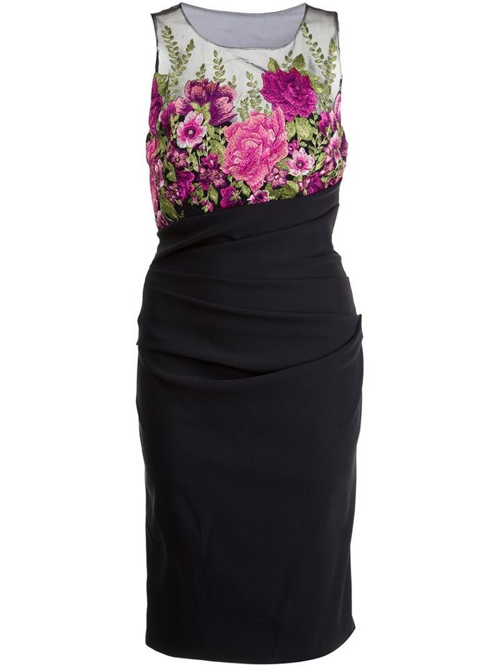 Marchesa Notte Embroidered Flower Detail Dress, Women's, Size: 16, Black, Polyester