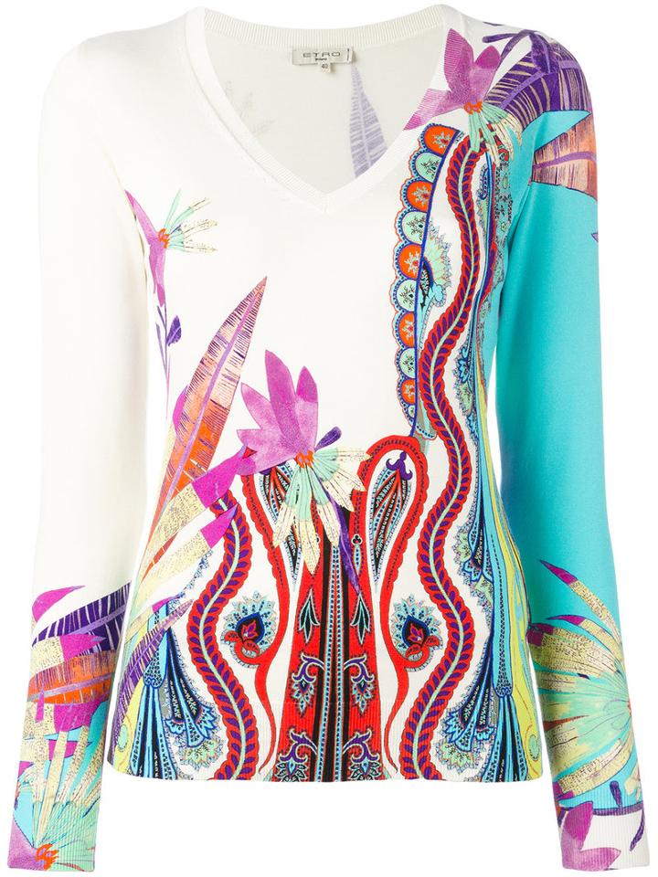 Etro Multiple Prints V-neck Jumper, Women's, Size: 42, White, Silk/spandex/elastane