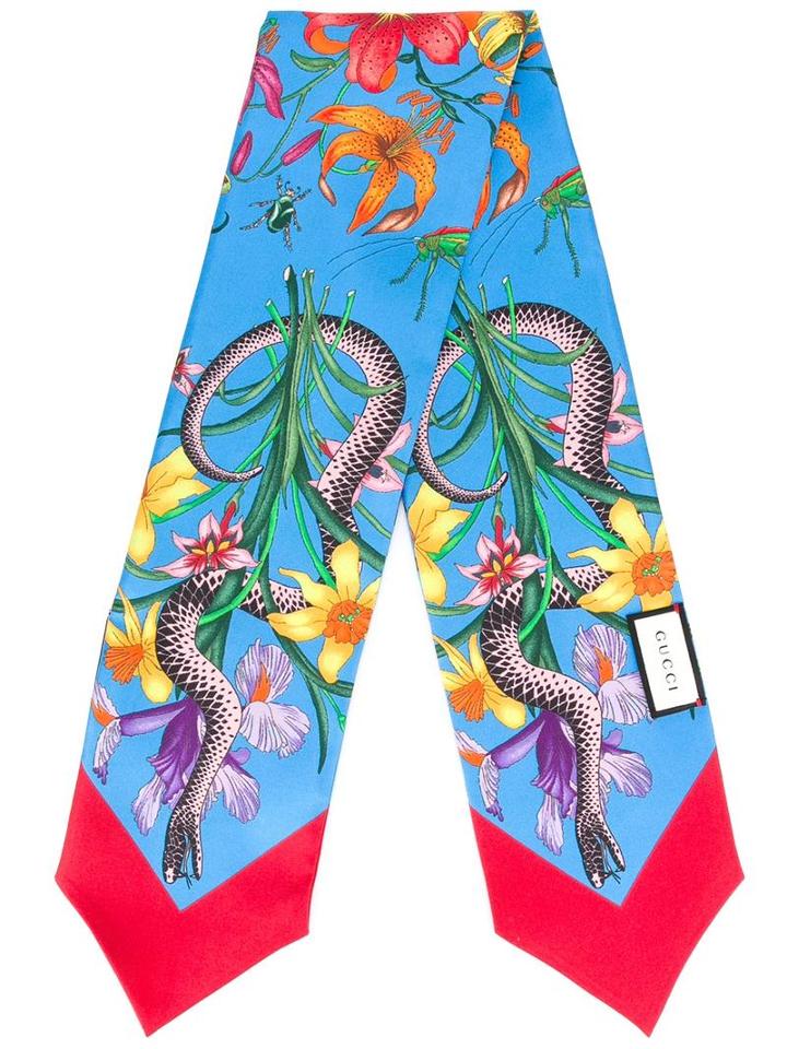 Gucci Flora Snake Print Scarf, Women's, Blue, Silk
