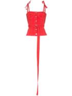 Sjyp Tie Sleeve Belted Denim Bustier - Red