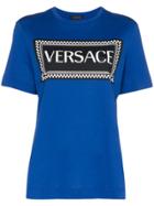 Versace Checkered Logo Print Cotton T-shirt - Blue