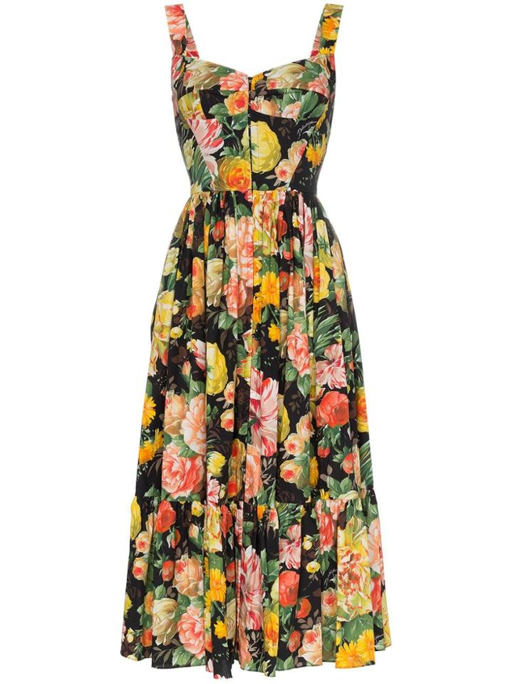 Dolce & Gabbana Full Skirt Floral Midi Dress - Black