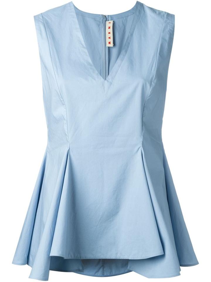 Marni Pleated Peplum Top, Women's, Size: 40, Blue, Cotton