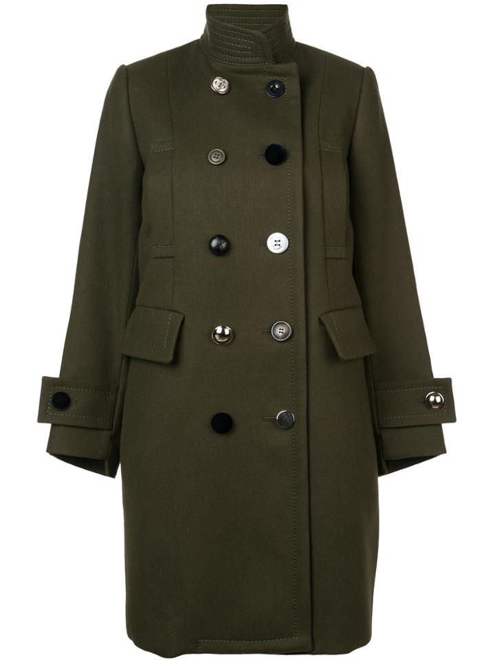 Sacai Double Breasted Band Collar Coat - Green