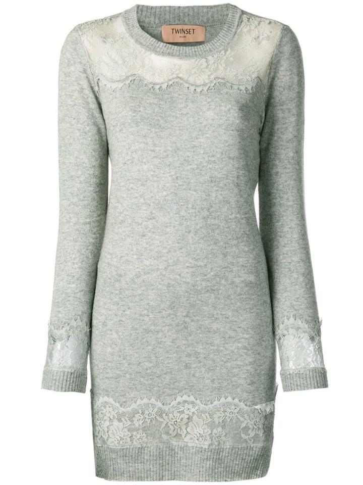 Twin-set Lace Panel Sweater Dress - Grey