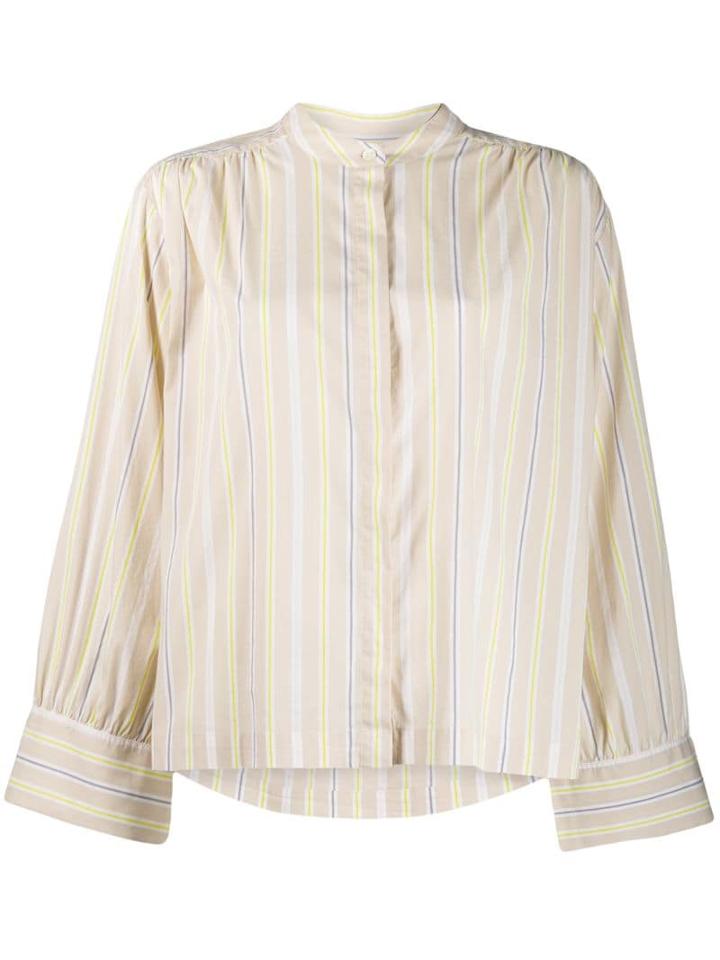 Closed Collarless Striped Shirt - Neutrals