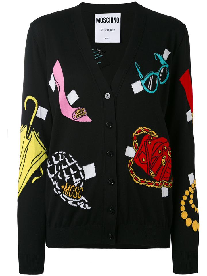 Moschino - Multi-pattern V-neck Cardigan - Women - Cotton - 48, Black, Cotton