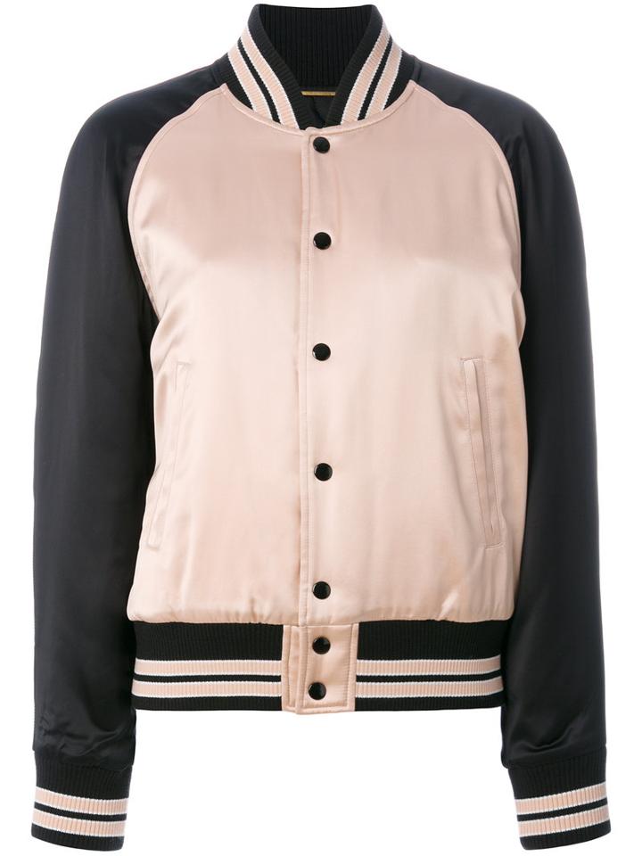 Saint Laurent - Striped Trim Bomber Jacket - Women - Cotton/acrylic/polyamide/wool - 38, Pink/purple, Cotton/acrylic/polyamide/wool