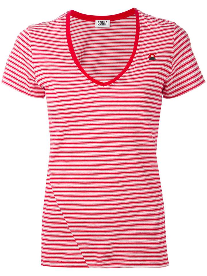 Sonia By Sonia Rykiel - V-neck Striped T-shirt - Women - Cotton - M, Red, Cotton