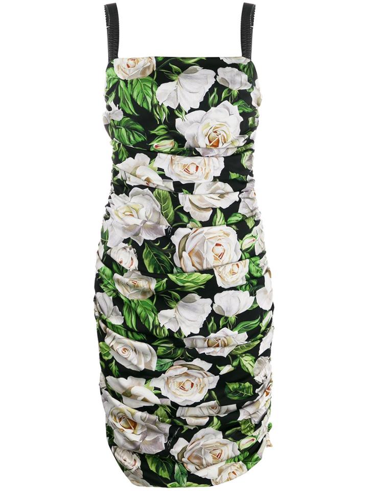 Dolce & Gabbana Ruched Rose-print Mini Dress - Black