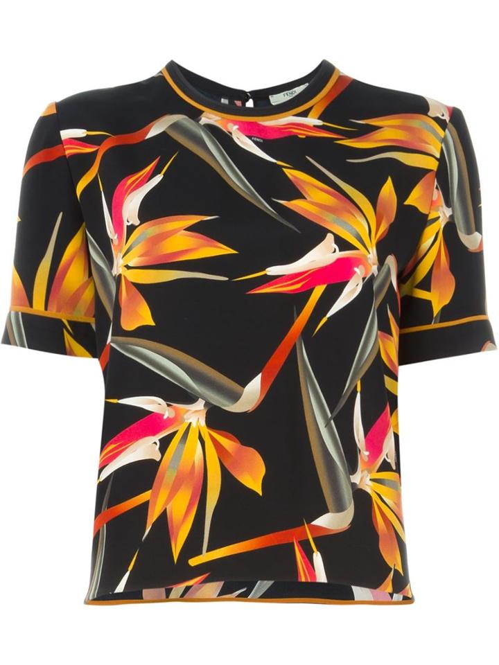 Fendi Bird Of Paradise Flower Print Blouse, Women's, Size: 42, Black, Silk