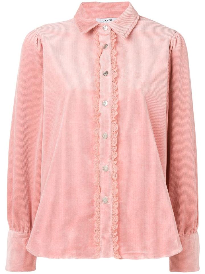 Ganni Ruffle Lace Trim Corduroy Shirt - Pink