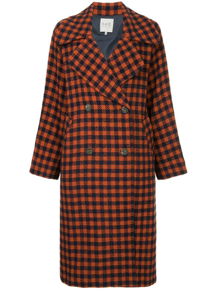 Sea Checked Double-breasted Coat - Orange