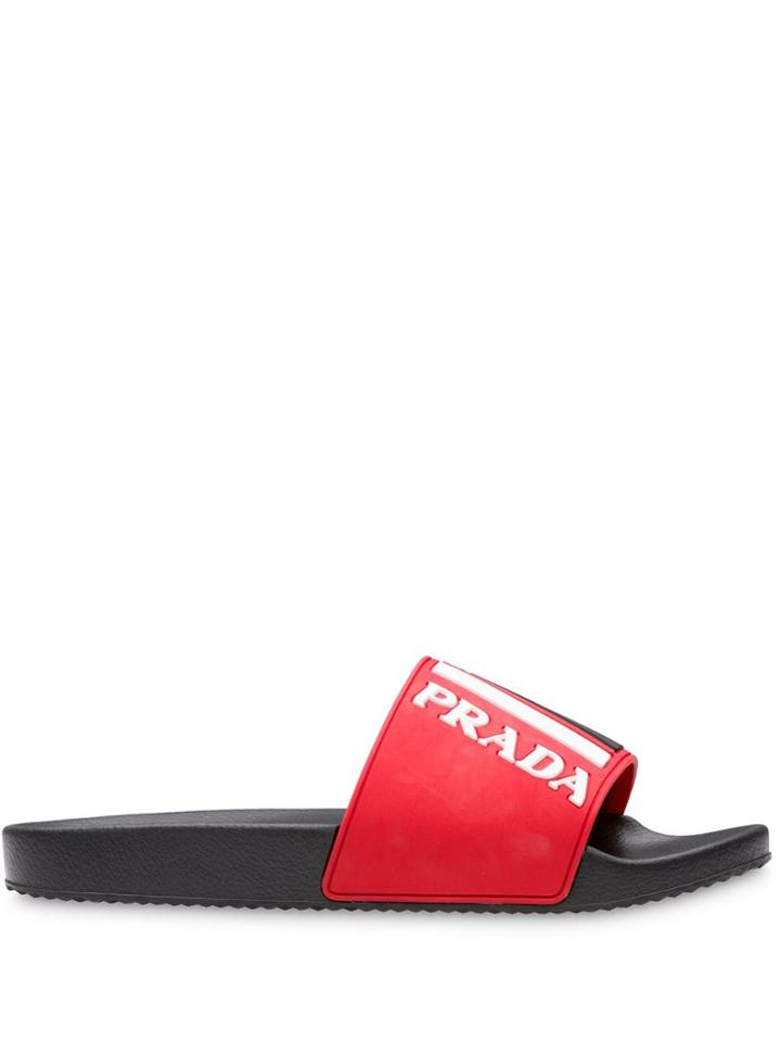 Prada Logo Print Slides - Red