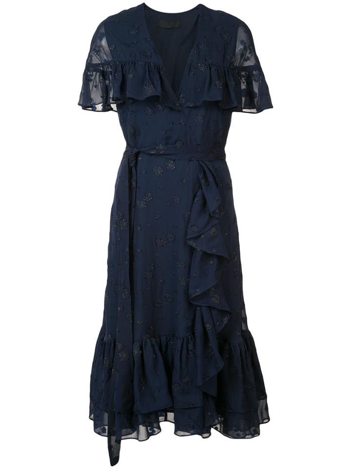 Co Belted Ruffle Trim Dress - Blue