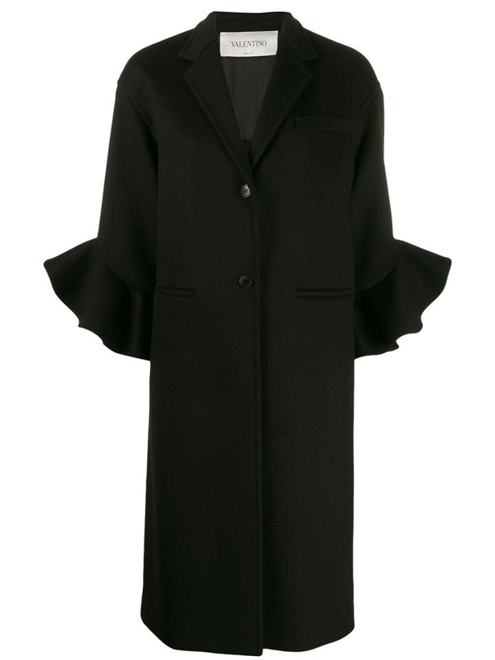 Valentino Ruffle Detail Single Breasted Coat - Black