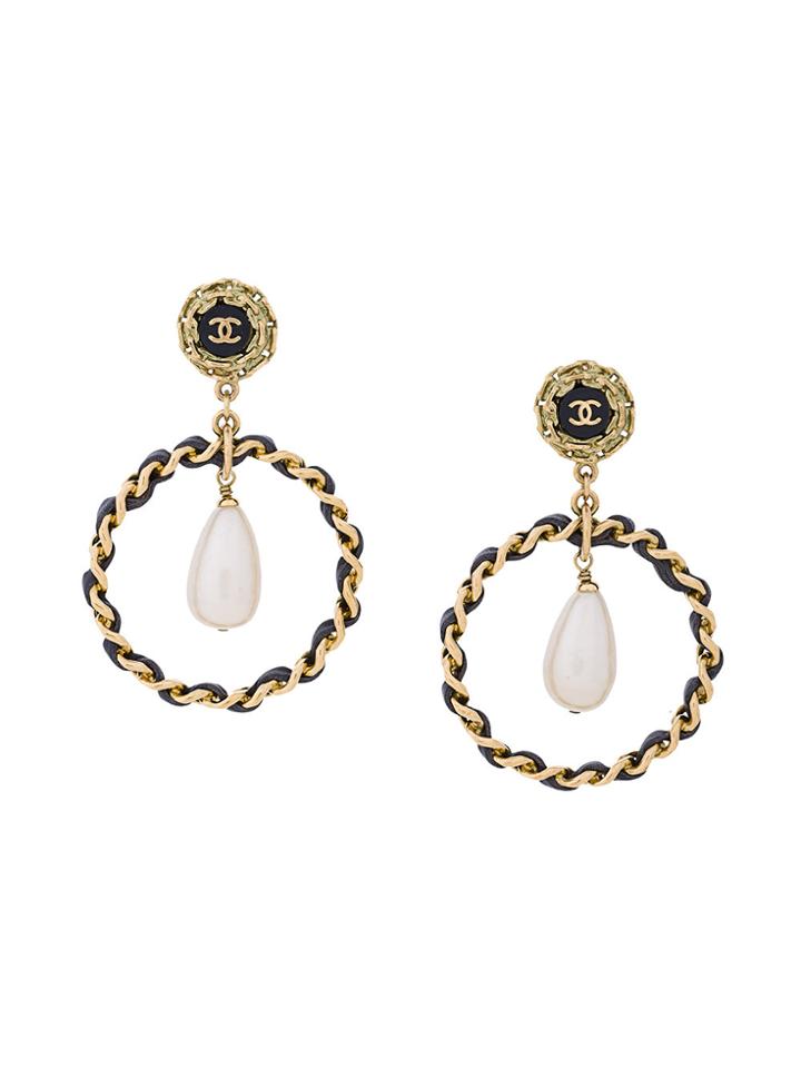 Chanel Vintage Drop Pearl Hoop Earrings - Metallic