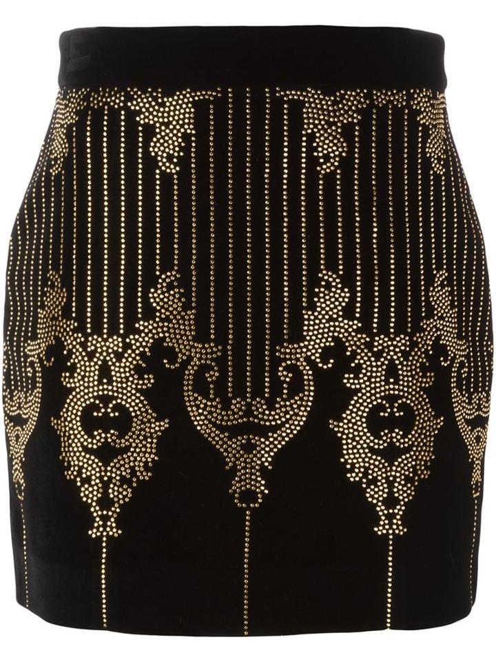 Balmain Studded Baroque Pattern Skirt, Women's, Size: 38, Black, Cotton/spandex/elastane/metal