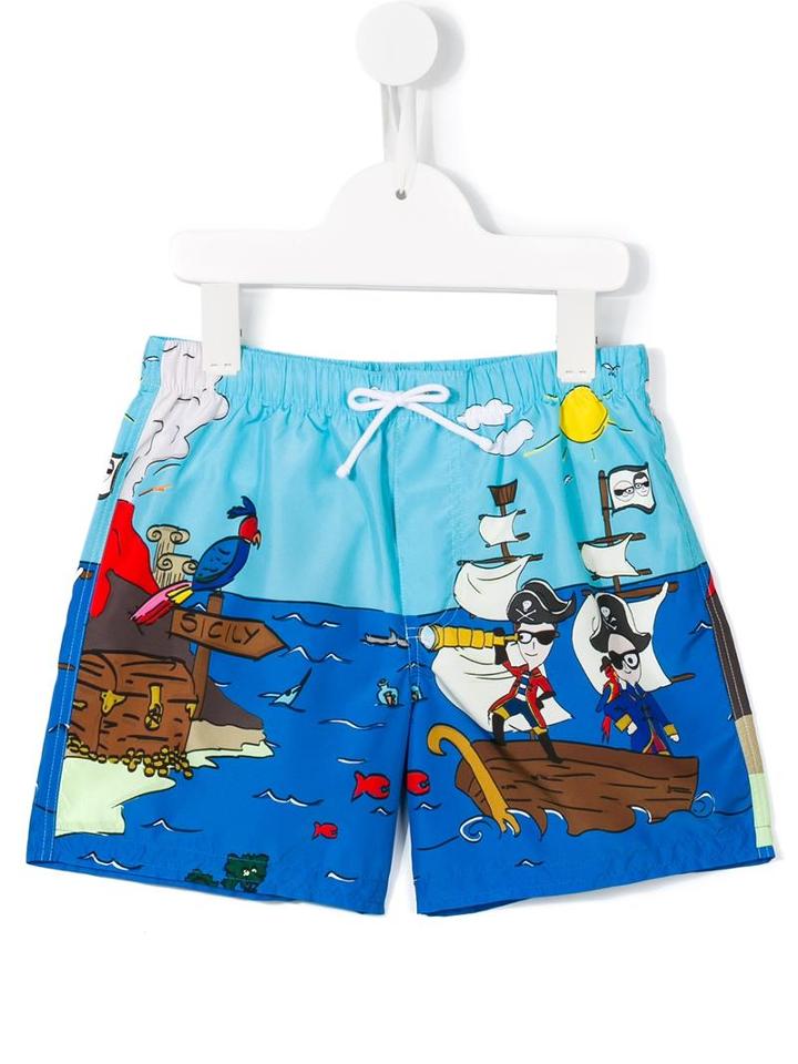 Dolce & Gabbana Kids Pirate Print Swim Shorts, Boy's, Size: 8 Yrs, Blue