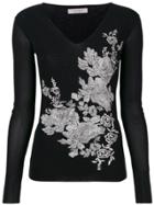 D.exterior Floral Embroidered V-neck Sweater - Black
