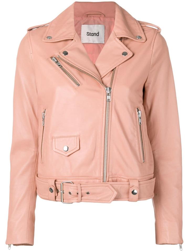 Stand Leather Biker Jacket - Pink