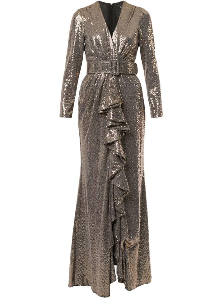 Badgley Mischka Sequin-embellished Ruffled Gown - Gold
