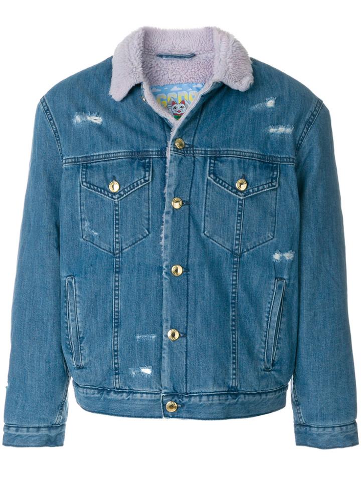Gcds Denim Shearling Jacket With Embroidered Lettering - Blue