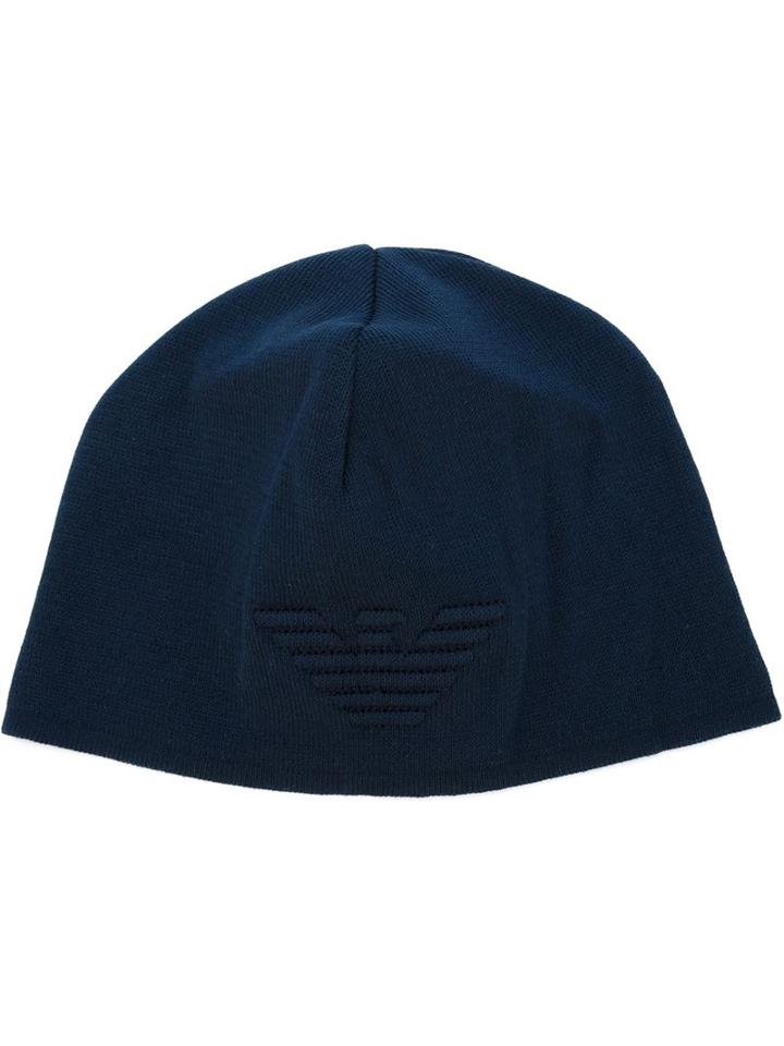Emporio Armani Embroidered Logo Beanie, Men's, Size: Medium, Blue, Cotton