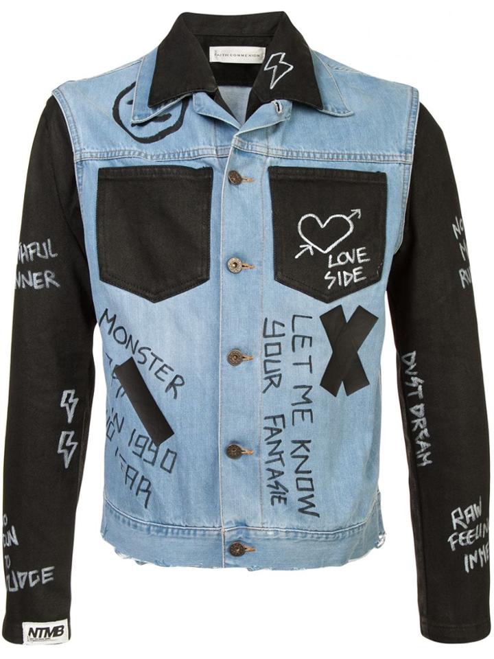 Faith Connexion Contrast Panel 'doodle' Denim Jacket - Blue