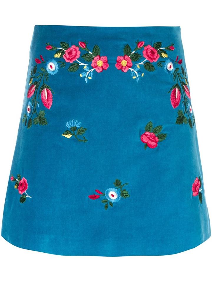 Vivetta Floral Embroidered A-line Skirt, Women's, Size: 40, Blue, Cotton/spandex/elastane/acetate/polyester