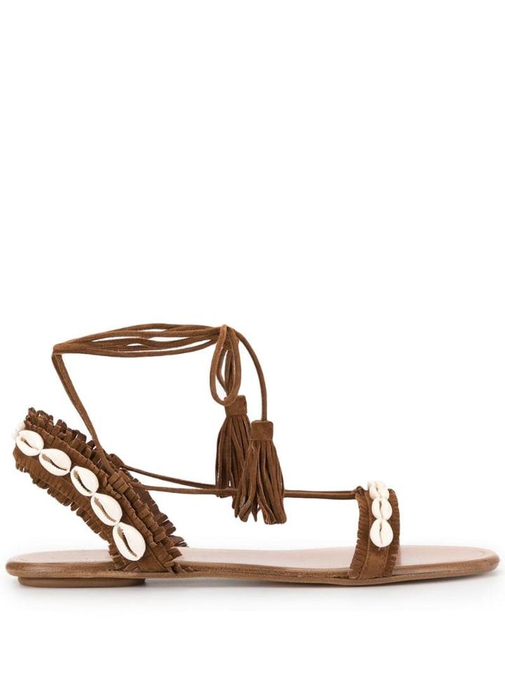 Aquazzura Riviera Shell Embellished Sandals - Brown