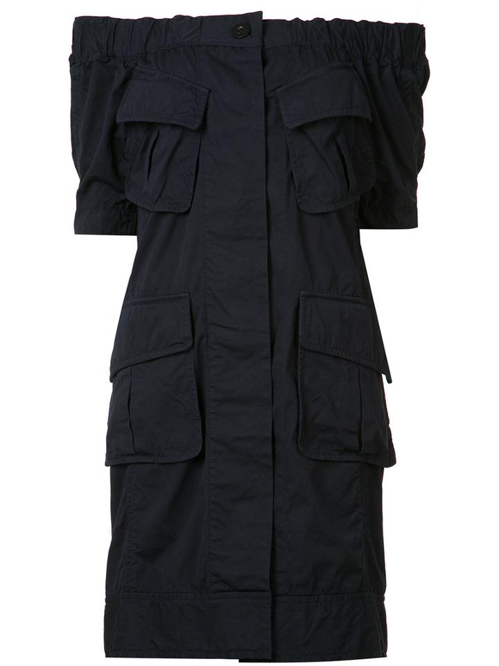 Sacai - Off-shoulder Ruched Dress - Women - Cotton - 2, Women's, Blue, Cotton