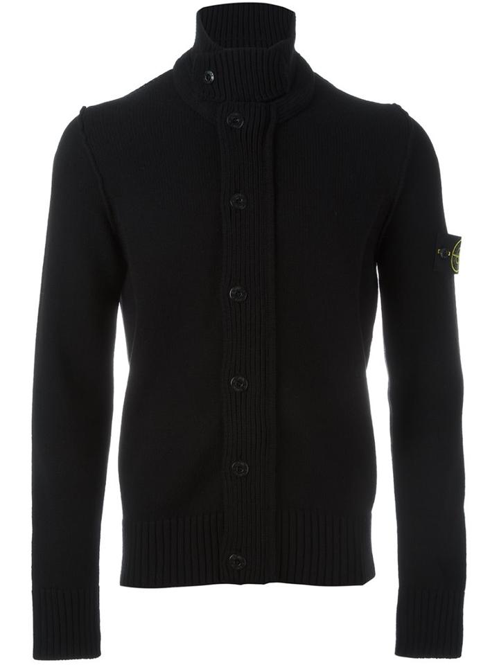 Stone Island Logo Patch Cardigan, Men's, Size: Large, Black, Polyamide/wool