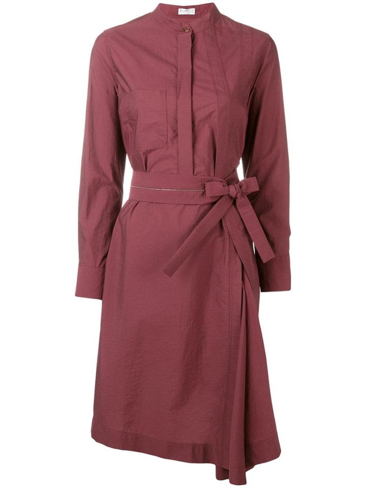 Brunello Cucinelli Belted Collarless Shirt Dress - Red