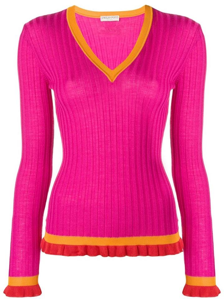 Emilio Pucci Ribbed Ruffle Cuff V-neck Sweater - Pink