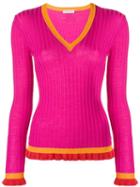 Emilio Pucci Ribbed Ruffle Cuff V-neck Sweater - Pink