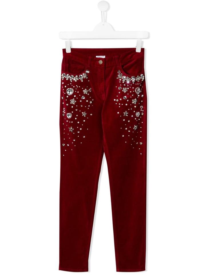 Monnalisa Crystal Embellished Velvet Jeans - Red